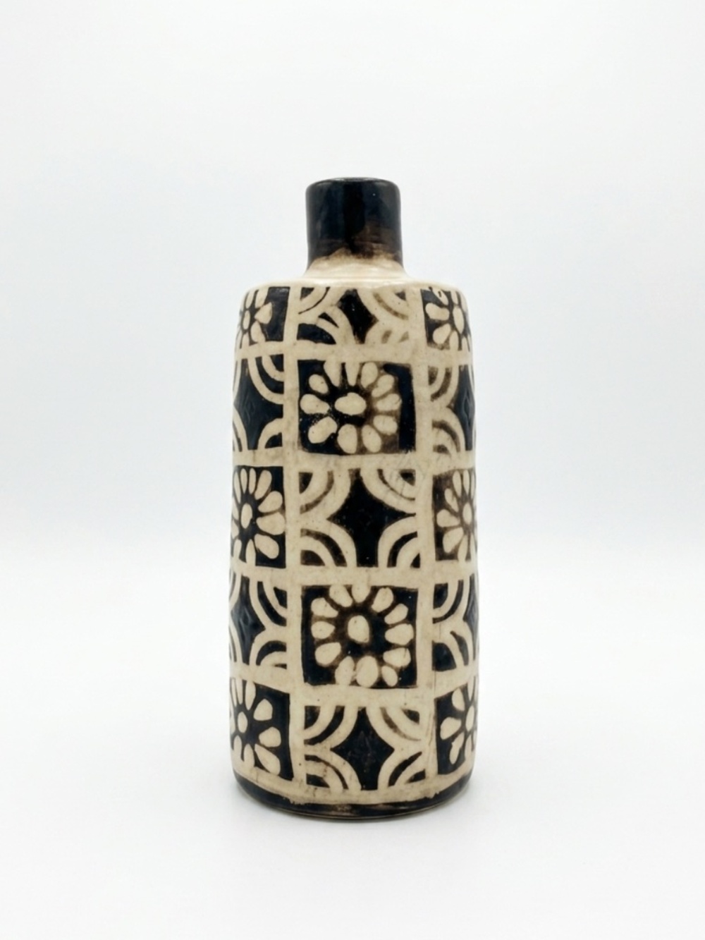 Vintage Mid-Century Modern Ceramic Vase - Black & White Floral Resist Pattern